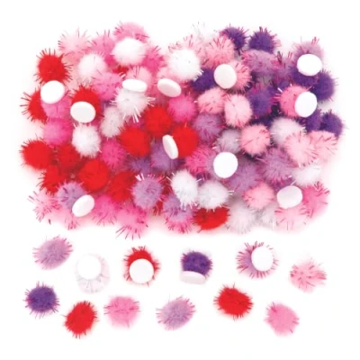 Image of Baker Ross AX622 Glitter Pom Poms Pack of 150, Self Adhesive Assorted Sticky Craft Embellishments for Kids Arts and Crafts Decorating
