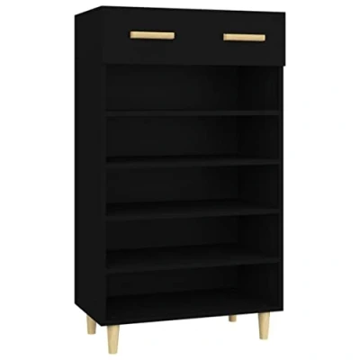 Image of vidaXL Scandinavian Style Shoe Cabinet Organiser with Compartments and Drawer Black Engineered Wood 60x35x105 cm
