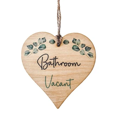 Image of Engaged Vacant Double Sided Bathroom Door Sign Made From Wood Eucalyptus Design Heart Shape
