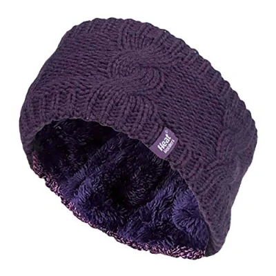 Image of Heat Holders Ladies Thick Cable Knitted Fleece Lined Thermal Winter Empty Skull Ear Warmer Headband (One Size, Purple)