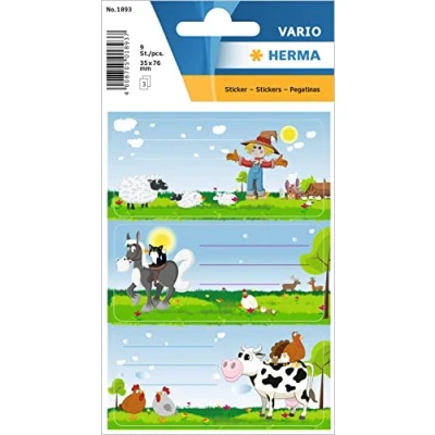 Image of HERMA 1893 Book Labels for Labelling, Small Farm (76 x 35 mm, 9 Name Stickers, Paper, Matte) Self Adhesive, Permanent Adhesive School Books, Notebooks, Boxes, Household, Colourful