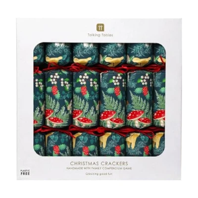 Image of Talking Tables 6 x Christmas Crackers with Games, Party Hat, Midnight Forest Green Design Eco Friendly Xmas Tableware, Recyclable