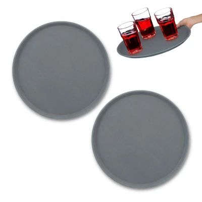 Image of Relaxdays 2X Serving Tray, Round Ø 45 cm, Bar Drinks Plate, Non Slip Rubber Surface, Waiter&#039;s Catering, Versatile, Grey, 25.5 x 9 cm