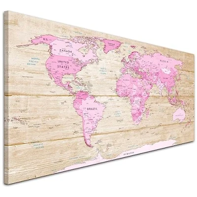 Image of Wallfillers Large Pink Cream Map of World Atlas Canvas Wall Art Print Modern 1309 118x49cm