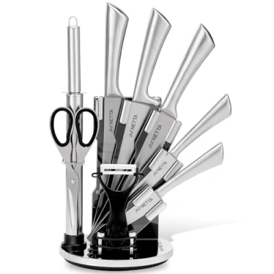 Image of NETTA Kitchen Knife Set with Block Professional 8 Piece Stainless Steel Premium Clear Storage Block, 5 Knives, Scissors, Sharpener and Potato Peeler