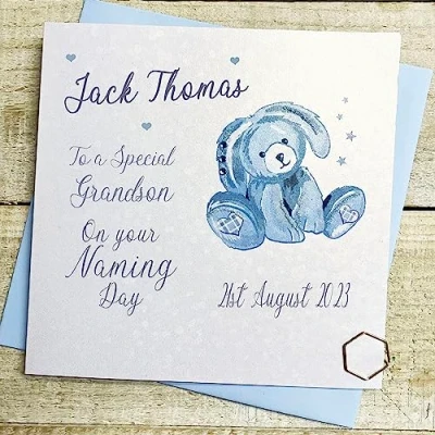 Image of WHITE COTTON CARDS GRANDSON PERSONALISED NAMING DAY CARD, BLUE BUNNY DESIGN, HAND FINISHED (X) P23 41 GS