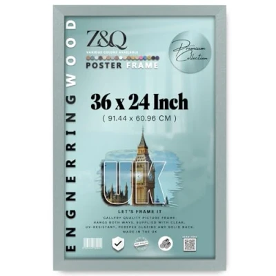 Image of Z&amp;Q Wall Mounted Poster Picture Frame Silver 61x91.5 cm Display Painting Photo Print With HD Clear Perspex Both Ways Hanging Hooks MDF Wood 30x15mm Moulding