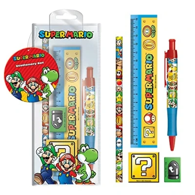 Image of empireposter Super Mario, 4 Colour Stationery Set Pens, Ruler, Eraser