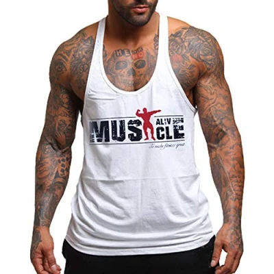 Image of Musclealive Mens Bodybuilding Tank Top 2cm Strap Stretchy Cotton Ma White L ( Chest 41 Inch to 44Inch)