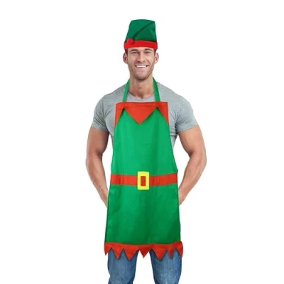 Image of HENBRANDT 1 x Adult Christmas Elf Apron and Green Hat Novelty 2 Piece Set Costume Holiday Party Server Unisex Xmas Kitchen Accessories for Men Women