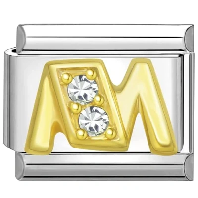 Image of Quiges 9mm Italian Style Charm Link Module Stainless Steel Zirconia Gold Alphabet Letter M for Bracelets