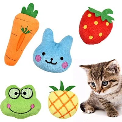 Image of Fodlon Catnip Toys for Cats, 5Pcs Interactive Cat Cute Shape Soft Plush Pillow Kitten Teeth Cleaning Playing Chewing Pet Play Toy Strawberry/Frog/Rabbit/Pineapple