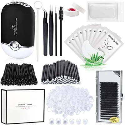 Image of Eyelash Extension Supplies Kit with Individual Lash 0.07D Curl Mix 7 15mm USB Fan Dryer Gel Patch Silicone Holder Pad Tweezers Mirror Disposable Mascara Brush Mini Applicator Glue Ring Tapes