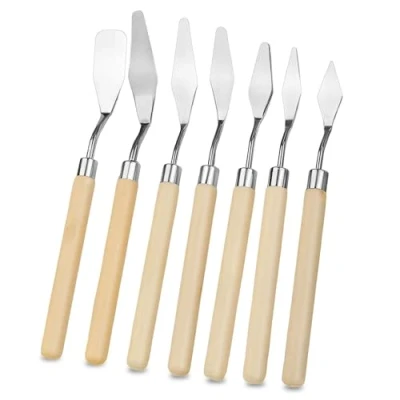 Image of Palette Knife Painting, 7 PCS Pallet Stainless Steel Knives Set Paint Spatula Art with Wooden Handle Mixing Scraper for Acrylic Oil Painting