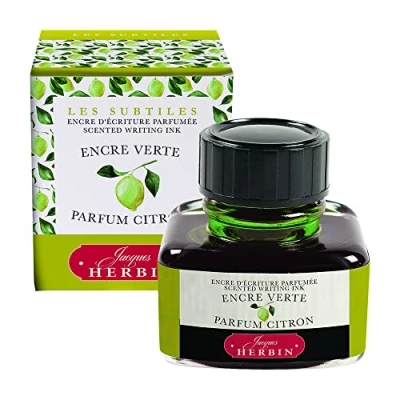 Image of Jacques Herbin 13736T Flacon d&#039;encre parfumée &#039;&#039;Les subtiles&#039;&#039; Pour stylo Plumes et stylos Roller 30 ml, Encre Verte Parfum Citron. Fabriqué en France