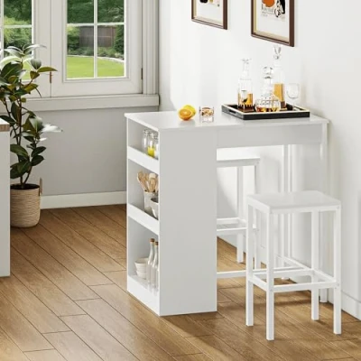 Image of YITAHOME Breakfast Bar Table, Table Set with Stools, 2, and Stools Dining Footrest Storage Shelf for Kitchen Room Pub Industrial Steel Frame(White)