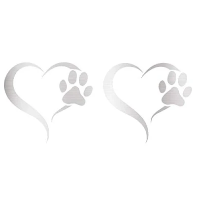 Image of Finest Folia Set of 2 Paw and Heart Stickers 10 x 11 cm Dog Cat for Car Motorcycle Wall Laptop Furniture Self Adhesive (K017 Silver)