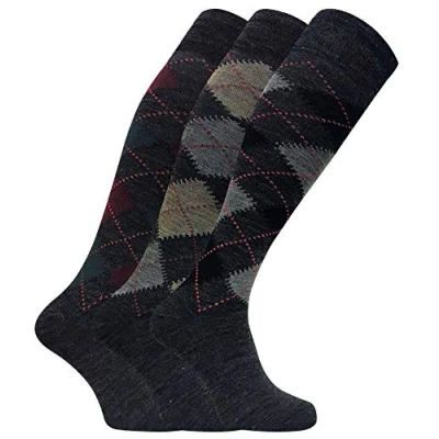 Image of Sock Snob 3 Pairs Mens Extra Long Knee High Argyle Lambs Wool Dress Socks in Brown or Grey (6 11 uk, ELLW Grey)
