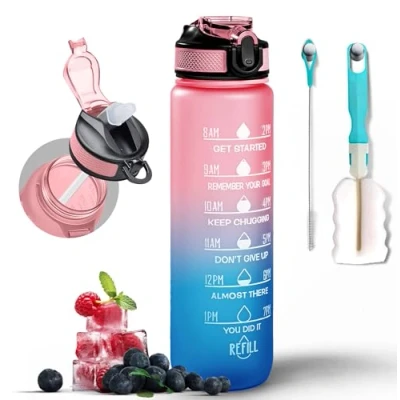 Image of Water Bottle 1000ml Sports with Motivational Time Marker &amp; Straw, Dishwasher Safe Leak proof Drink BPA Free Non Toxic Tritan Material 1 Click Open for Running Gym (Pink Blue)