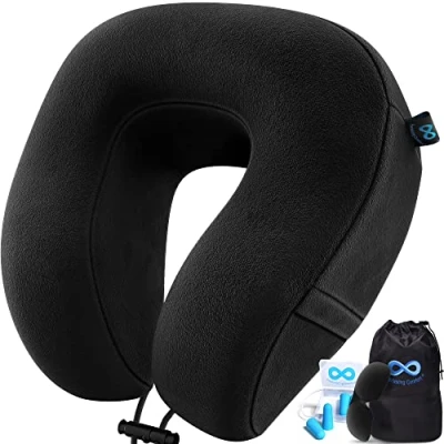 Image of Everlasting Comfort Memory Foam Travel Pillow Airplane Neck for with Earplugs, Eye Mask &amp; Carry Bag Support Cushion Plane, Car Train Black