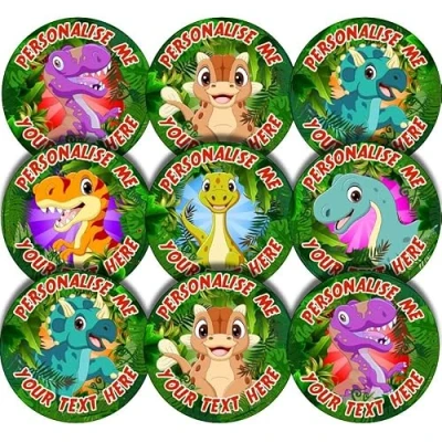 Image of 144 Personalised Jurassic Dinosaur 30 mm Glossy Reward Stickers School Teachers &amp; Parents