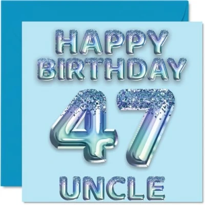 Image of 47th Birthday Card for Uncle Blue Glitter Party Balloons Happy Cards 47 Year Old from Nephew Niece, 145mm x Bday Greeting Gift