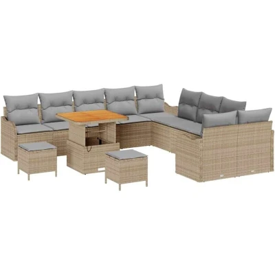 Image of vidaXL 13 Piece Garden Sofa Set with Cushions Beige Poly Rattan Acacia