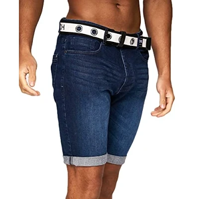 Image of Crosshatch Mens Stretch Denim Shorts Belted Knee Length Roll Up Faded Casual New, Dark Wash, 38W