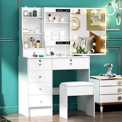 Image of Dressing Table with LED Lights &amp;Sliding Mirror Set,Vanity Makeup Desk 5 Drawers Cushioned Stool for Bedroom (Modern UK05)
