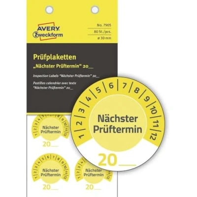 Image of AVERY Zweckform Pack of 80 Test Badges, Next Date 20xx (with Year to Enter Yourself, Durable, self Adhesive, Diameter 30 mm, Sticker, Seal Made Vinyl) 7905 Yellow