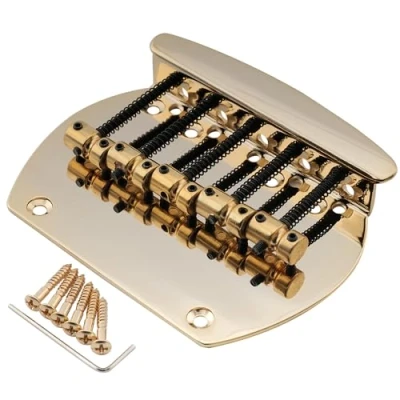 Image of Musiclily Pro 16mm Steel 5 String Bass Bridge for Musicman Style Bass, Gold