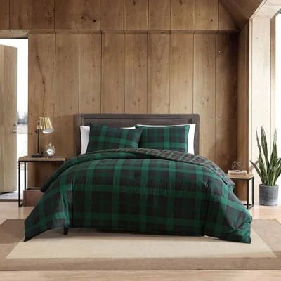 Image of Eddie Bauer Queen Duvet Cover Set, Reversible Cotton Bedding with Matching Shams, Plaid Home Decor Button Closure (Woodland Tartan Green, Queen)