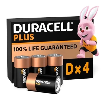 Image of Duracell Plus D Batteries (4 Pack) Alkaline 1.5V 100% Life Guaranteed Reliability For Everyday Devices 0% Plastic Packaging 10 Year Storage LR20 MN1300