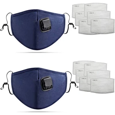Image of DualVertex Pack of 2 Unisex Dust Mask Cotton Face Washable &amp; Reusable with Adjustable Ear Straps and Nose Wire Valve 12 Replaceable filters