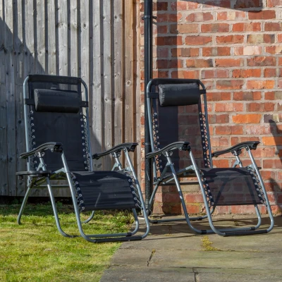 Image of Set of 2 Multi Position Garden Zero Gravity Relaxer Chair Sun Lounger in Black &amp; Silver