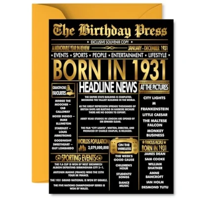 Image of Gold 94th Birthday Card for Men Women Black &amp; Golden Newspaper Born in 1931 Happy 94 Cards Auntie Nanny Uncle Grandma Husband Dad, 5x7 Inch Bday Greeting
