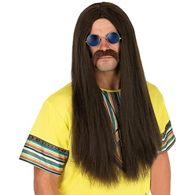 Image of Fun Shack Long Brown Wig Men, 60s Hippy Wigs for Hippie Mens Wig, Hair One Size
