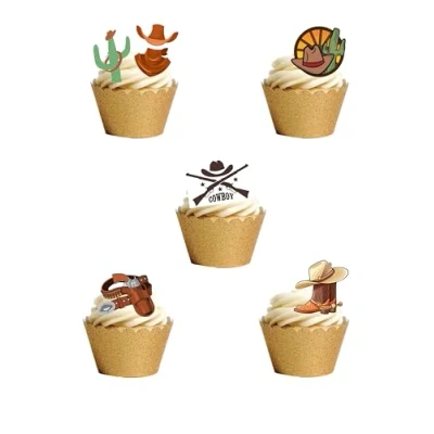 Image of 30 Stand Up Cowboy Themed Edible Wafer Paper Cake Toppers Decorations