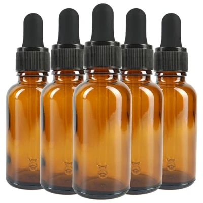 Image of White Hinge Pack of 5 Amber Glass 30ml Dropper Bottles with Rubber Topped Pipette