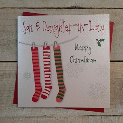 Image of White Cotton Cards Son &amp; Daughter in Law Merry Handmade Christmas Card (Stockings) Code fp43