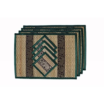 Image of Hand Woven Wicker Reed Placemats Coaster Set Eco Friendly Alternative to Plastic Heat Resistant Thai Style Durable Easy Clean for Dining Table of 4 (Medium Dark Green)