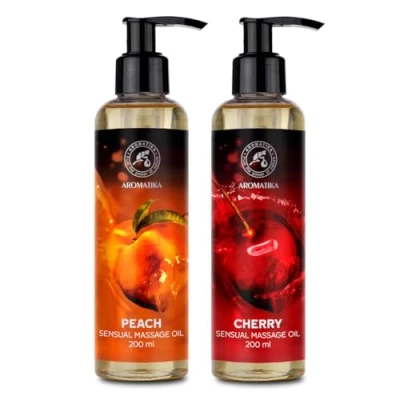 Image of Sensual Massage Oil Set 2x200ml Peach and Cherry Edible &amp; Kissable Blend of Almond Grapeseed Macadamia Oils Body for Him Her Couples Relaxing