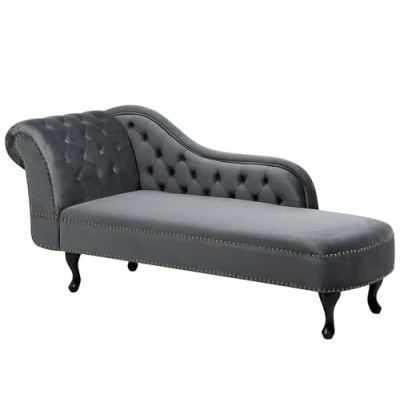 Image of Vintage Style Right Hand Chaise Lounge Velvet Fabric Chesterfield Grey Nimes
