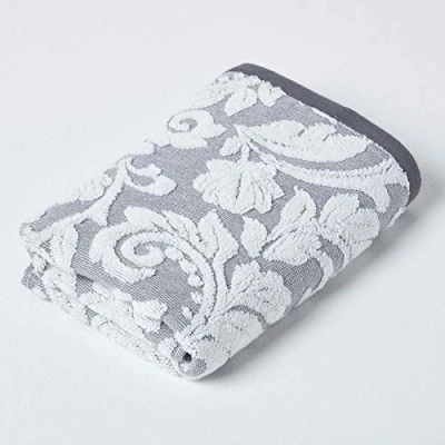 Image of HOMESCAPES Luxury Silver Grey Hand Towel 100% Turkish Cotton Patterned Small Super Soft &amp; Absorbent Extra Thick 600GSM Ringspun Light For Bathroom with Damask Pattern