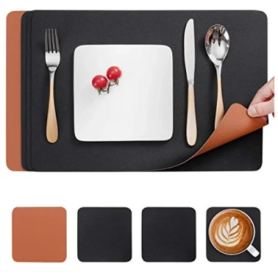 Image of Myir JUN Leather Table Mats and Coasters, Dual Sided Placemats Coasters Waterproof Set of 4 Place Non Slip Washable (Black Brown, 4)