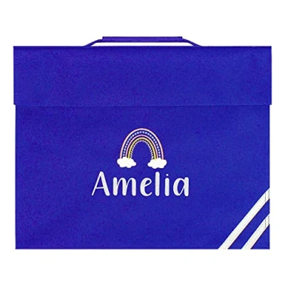 Image of TeddyTs Personalised Boho Rainbow Name School Book Bag (Blue), 36cm x 30cm