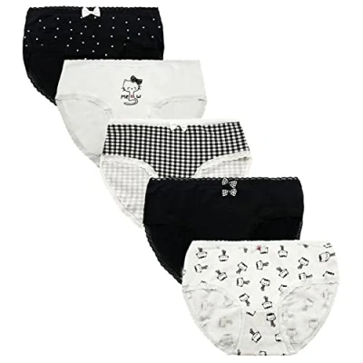 Image of FedMois Teenage Girls Knickers Cotton Underpants Underwear Pack of 5, black and white, 10 12 Years