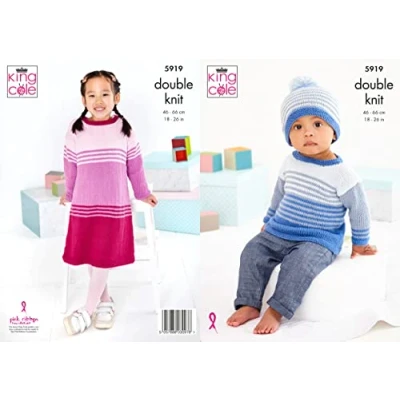 Image of King Cole Double Knit Knitting Pattern Baby Childrens Dress Sweater &amp; Hat (5919)