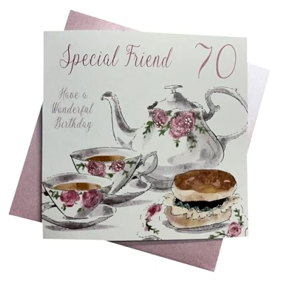 Image of white cotton cards &quot;Tea and Cakes, Special Friend 70 Have a Wonderful Birthday Handmade 70th Card, White, wb200