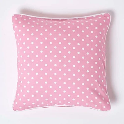 Image of HOMESCAPES 100% Cotton Polka Dots Cushion Cover 45 x cm Square 18 Inches Pink White Sofa Pillow Washable